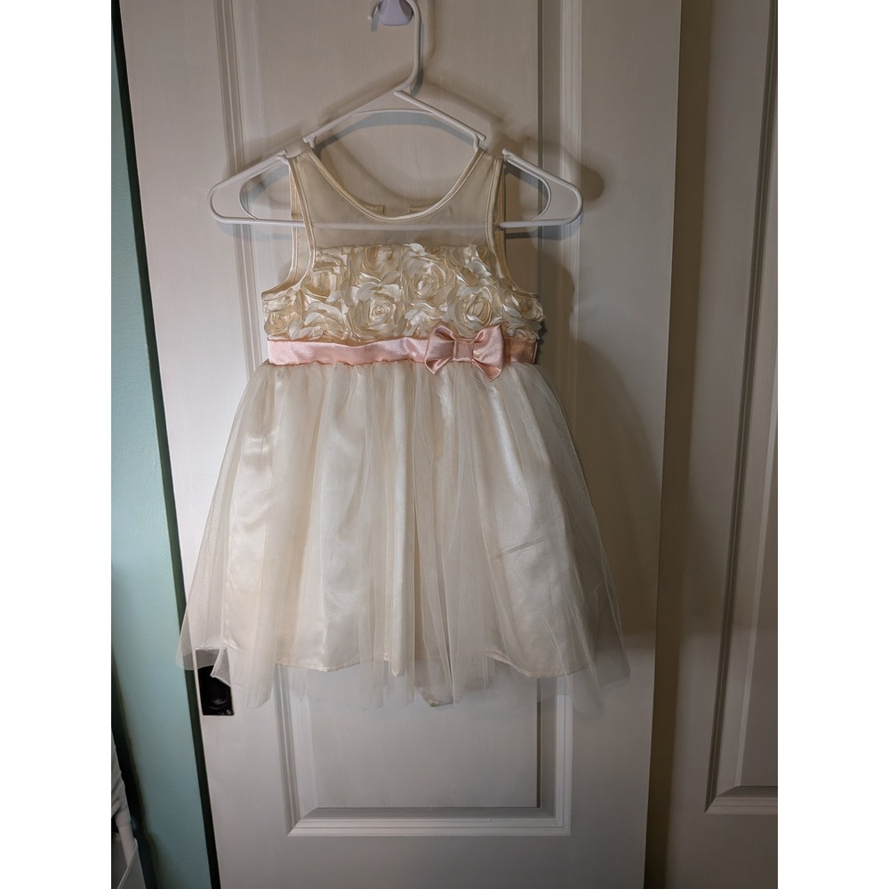 Cherokee Girls 5T Cream Tulle Rosette Party Dress Pink Bow Flower Girl Wedding